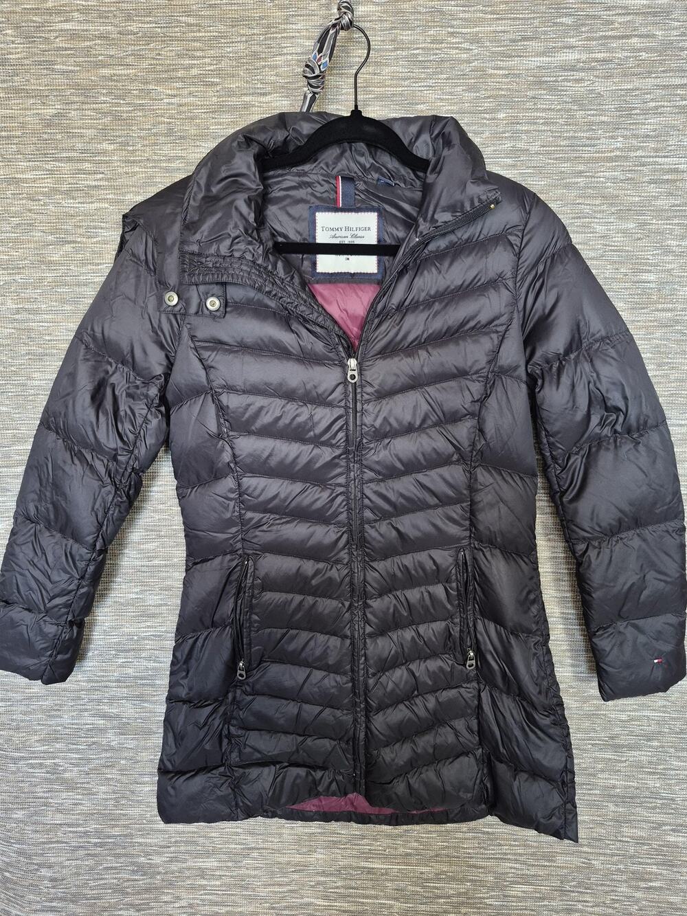 Tommy Hilfiger Coat Womens Small Black Down Puffer Hooded Zip Jacket Mid Length